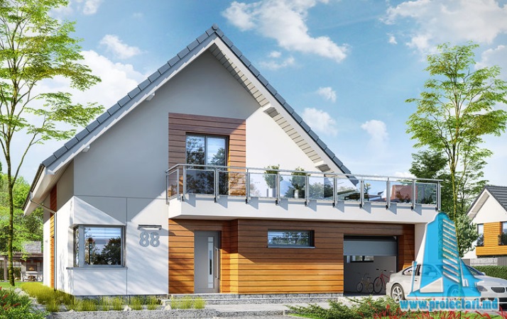 Proiect de casa cu parter, mansarda si garaj pentru un automobil – 100571