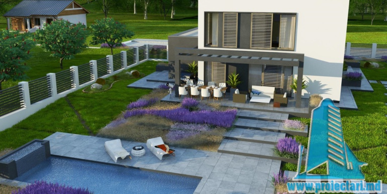 proiect de casa particulara simpla cu parter si etaj cu acoperis plat si garaj pentru doua automobile cu terasa exterioara pentru chef si bazin de odihna