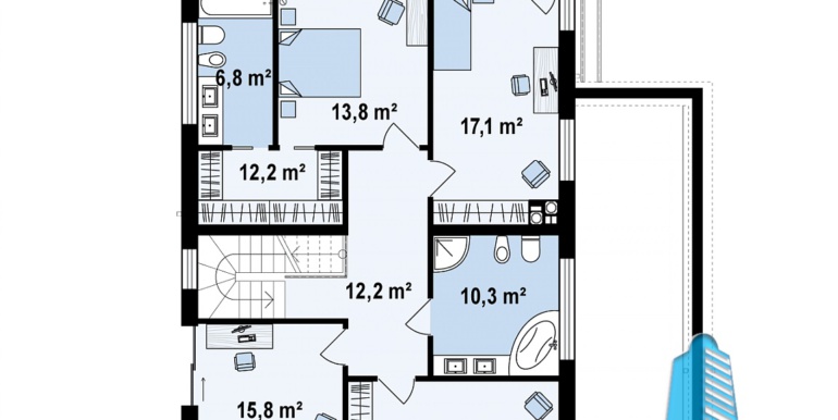 proiect de casa particulara simpla cu parter si etaj cu acoperis plat si garaj pentru doua automobile plan etaj