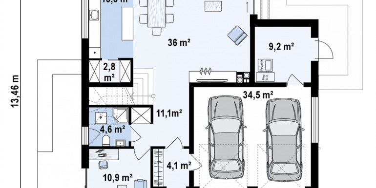 proiect de casa particulara simpla cu parter si etaj cu acoperis plat si garaj pentru doua automobile plan parter
