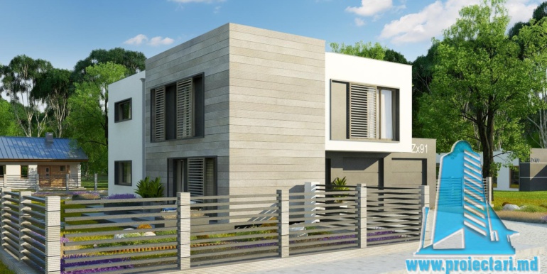 proiect de casa particulara simpla cu parter si etaj cu acoperis plat si garaj pentru un automobil