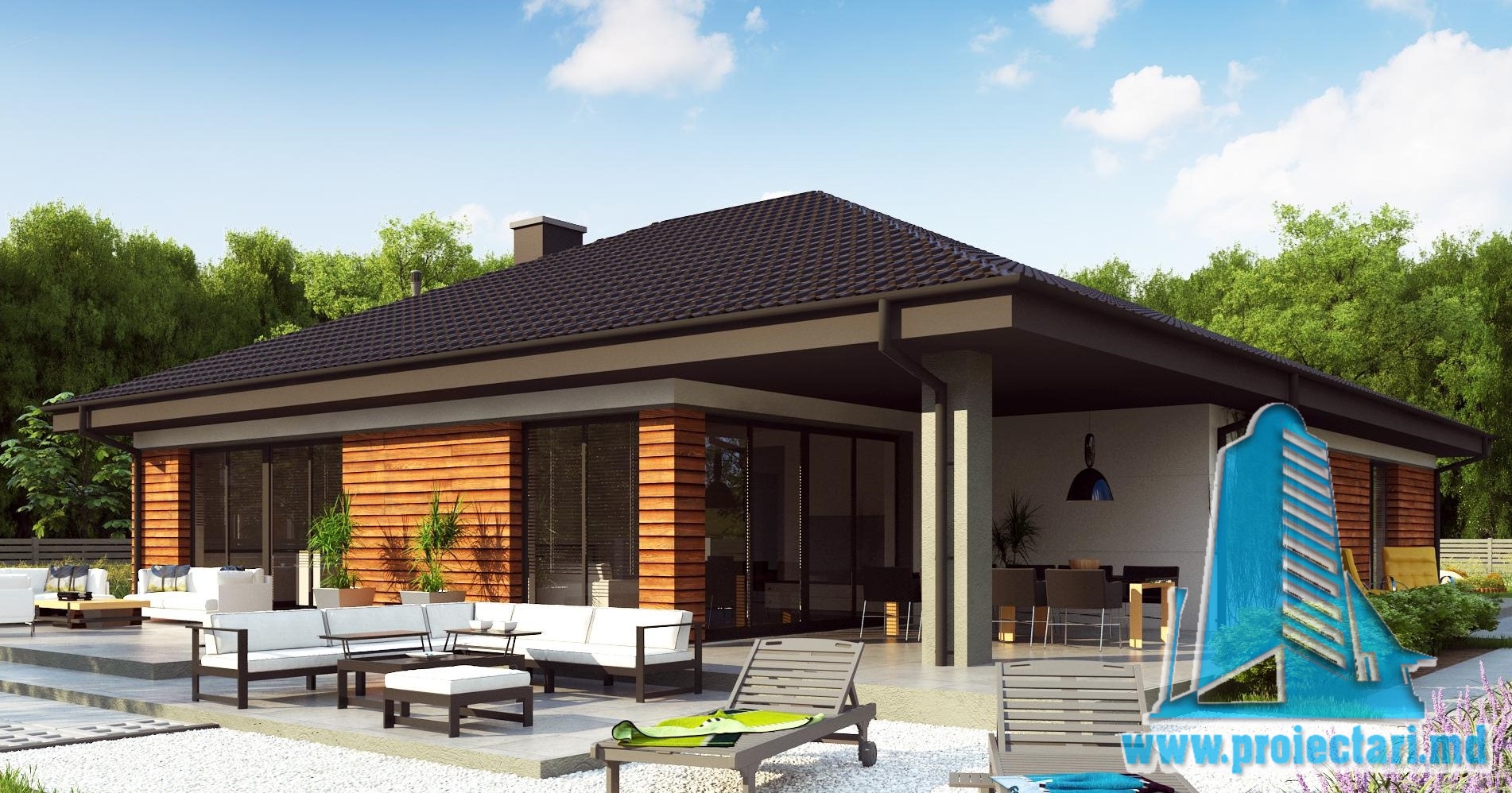 Proiect de casa cu parter si acoperis in din tigla ceramica, cu terasa frumos amenajata si garaj pentru un automobil – 100967