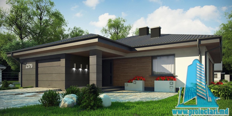 design fatada cu lemn proiect de casa cu parter garaj pentru doua automobile cu gazon