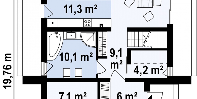 plan parter proiect de casa mica cu parter si mansarda cu terasa pe garajul pentru doua automobile 214m2