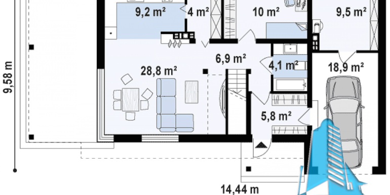 plan proiect de casa cu doua etaje si garaj pentru un automobil de 180 m2 cu terasa de vara si acoperis din tigla metalica