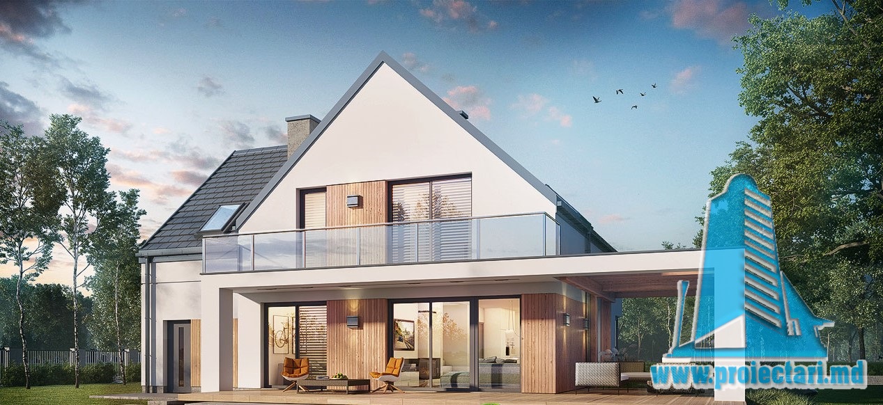 Proiect de casa cu parter si mansarda – 253m2 cu terasa de vara si garaj pentru un automobil din zidarie usoara- 100989