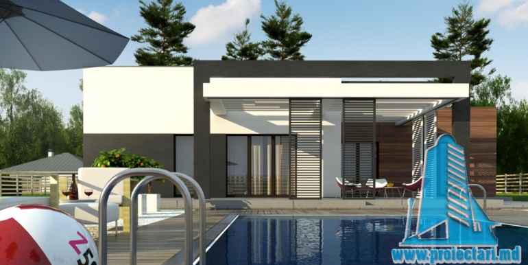 бассейн проекта одноетажного жилого дома 180м2 с плоской крыши и гараж для двух машин
