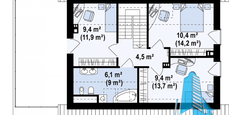 мансарда проекта жилого дома с мансардой 180м2 с гаражом для одного автомобиля