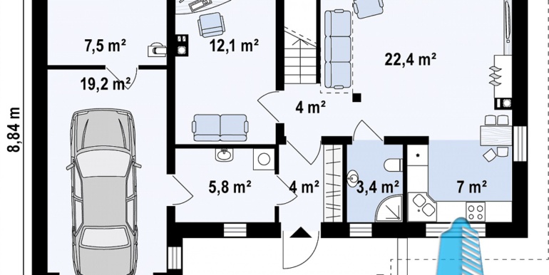 план партер проекта жилого дома с мансардой 180м2 с гаражом для одного автомобиля