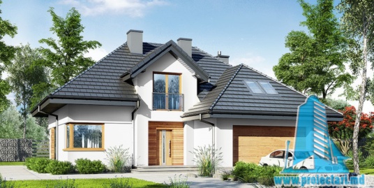 Proiect de casa cu parter si mansarda – 312,0m2 cu terasa de vara si garaj pentru un automobil din piatra de calcar- 100988
