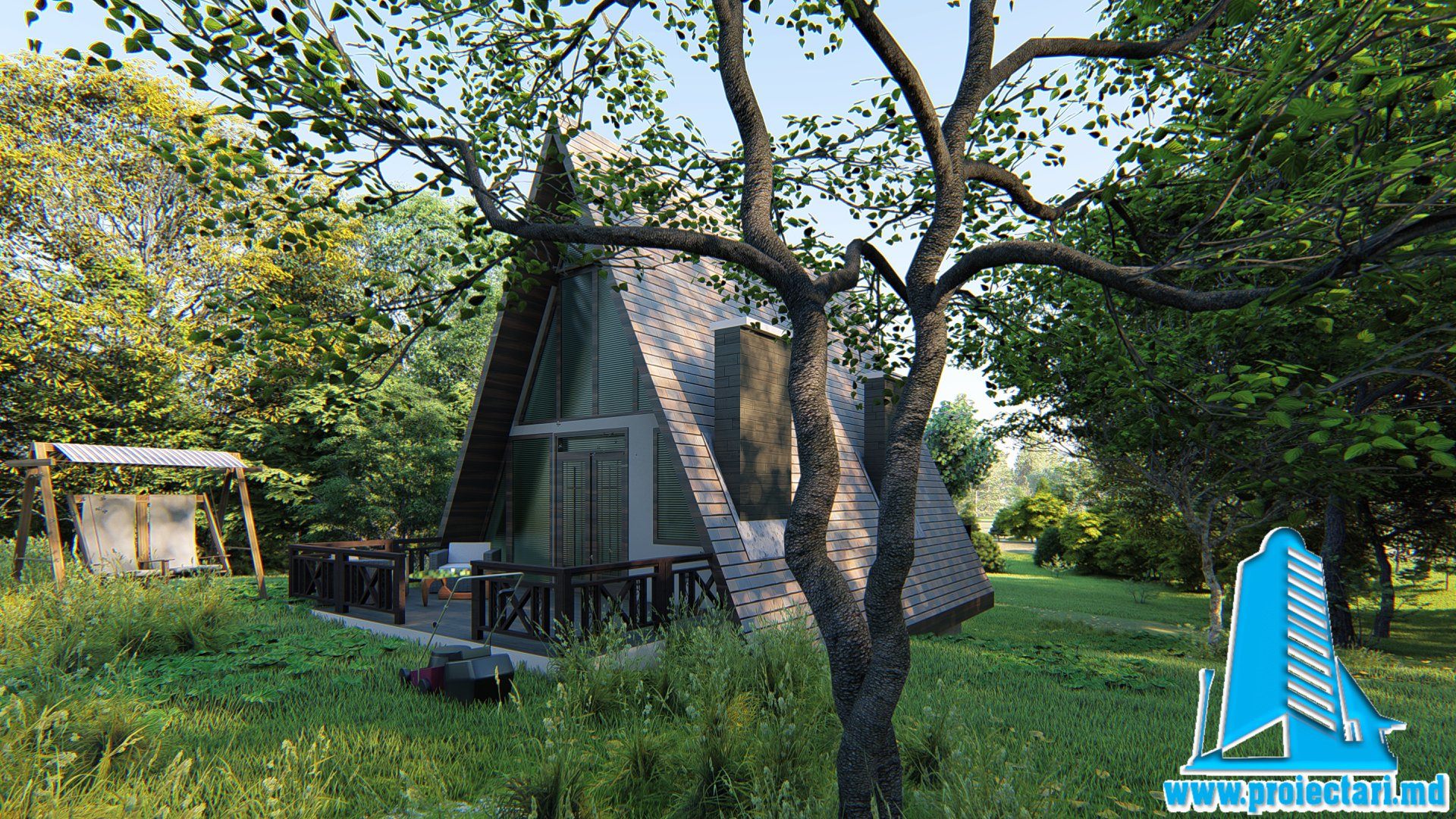 Vila-cabana din lemnarie cu acoperis ascutit de tip finlandez pe structura din beton-101062