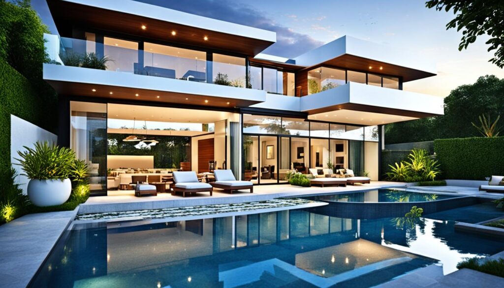 Case cu etaj și terasă cu piscină