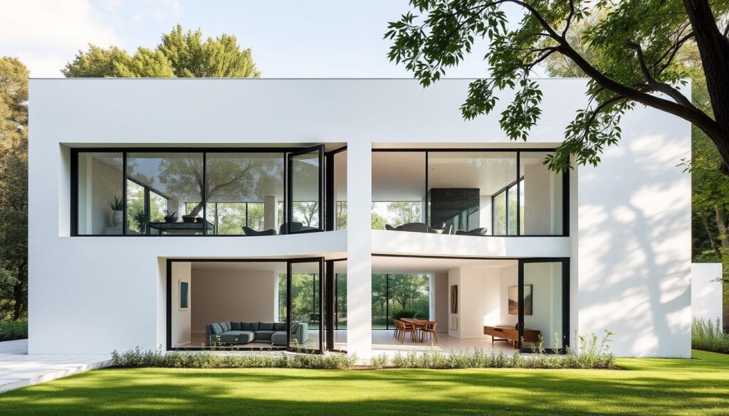 Casă cubică modern cu pereți și ferestre mari Casă cubică modern cu pereți și ferestre mari