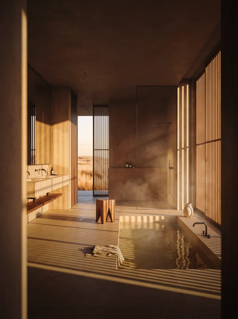 Baie luxoasa de pensiune cu cada scufundata in podea, design de inspiratie spa si lumina filtrata de lamele din lemn