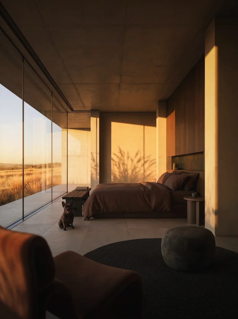 Dormitor de pensiune cu design minimalist, pat cu lenjerie maro si banca de lemn la fereastra panoramica