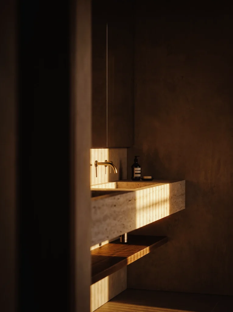 Lavoar din piatra naturala travertin si baterie de alama intr-o baie de pensiune cu design modern