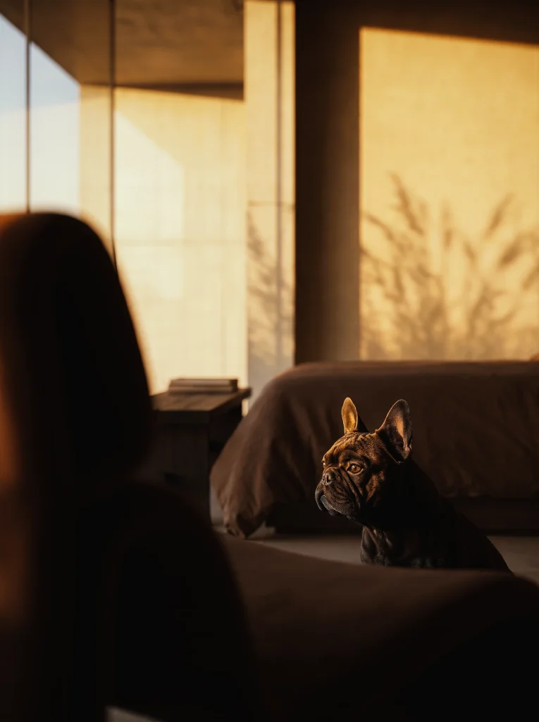 Bulldog francez in dormitorul unei pensiuni pet-friendly cu design minimalist in Moldova