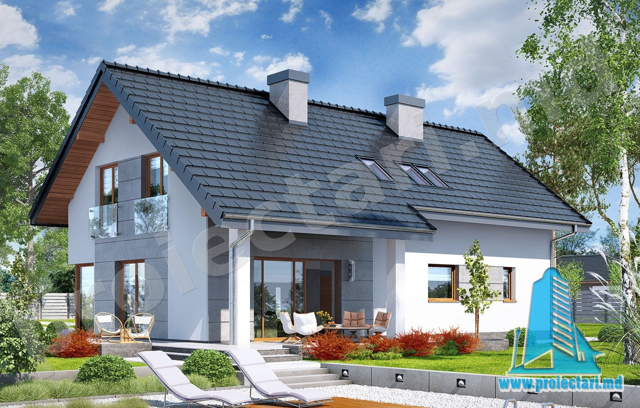 Proict de casa cu mansarda, american, cu garaj pentru o masina