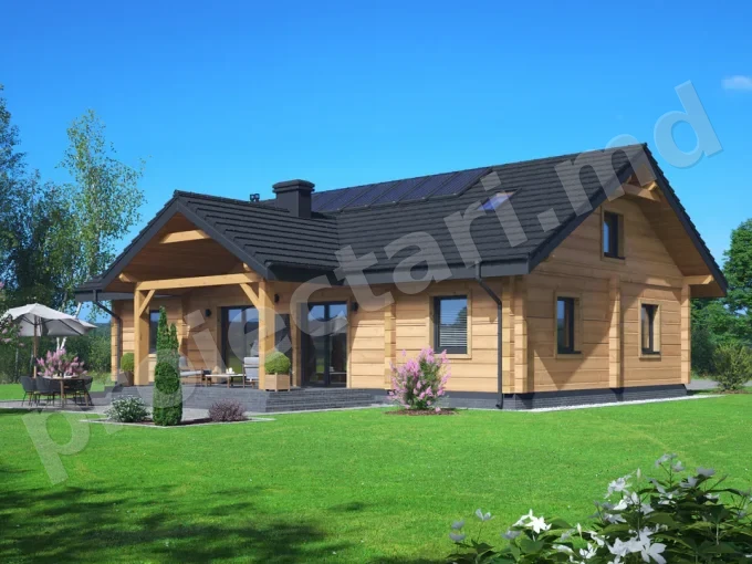Proiect de casa de lemn cu cerdac 130m2