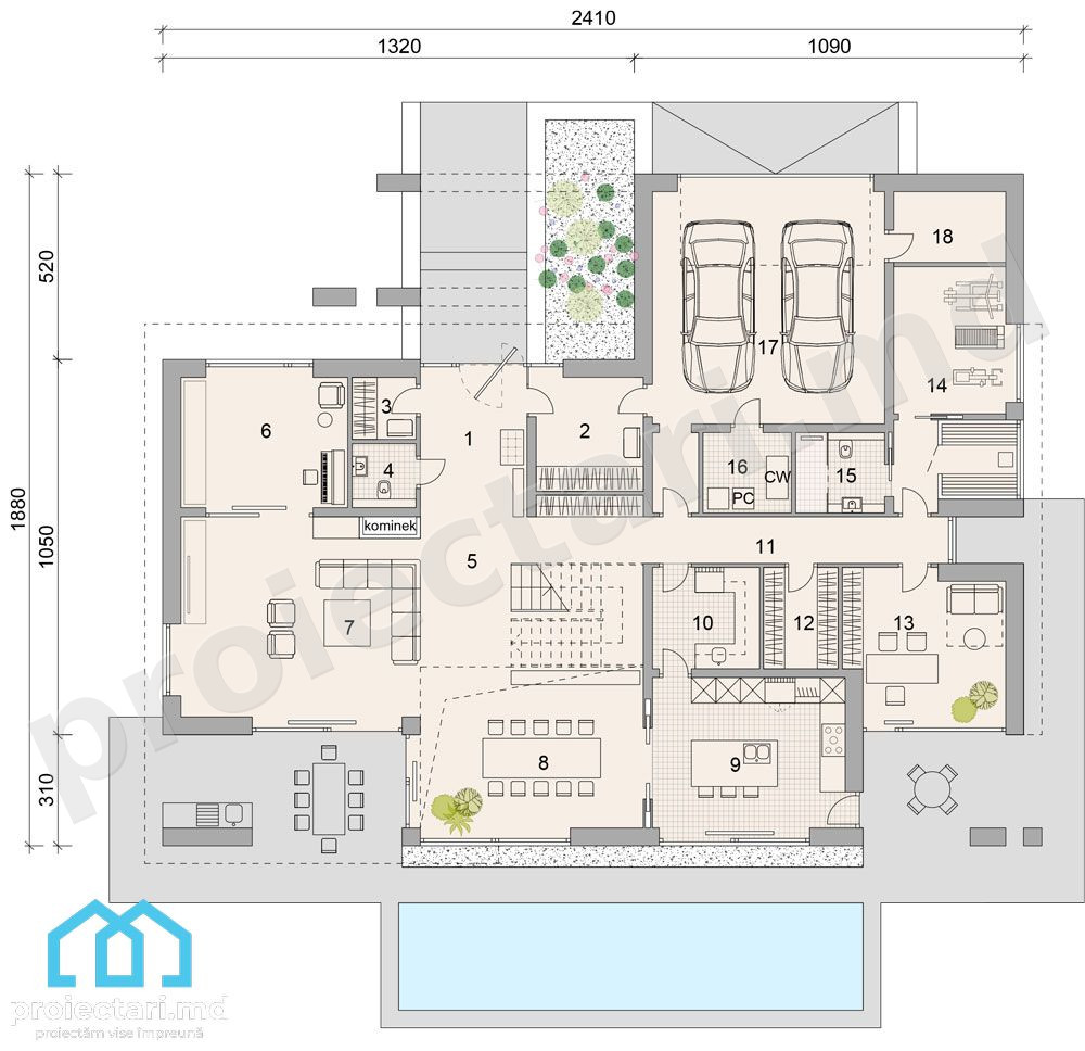 Proiect casă cu etaj și piscină 460 m²