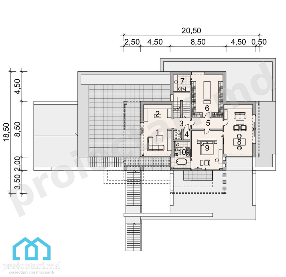 Proiect casă pe teren în pantă 480m²