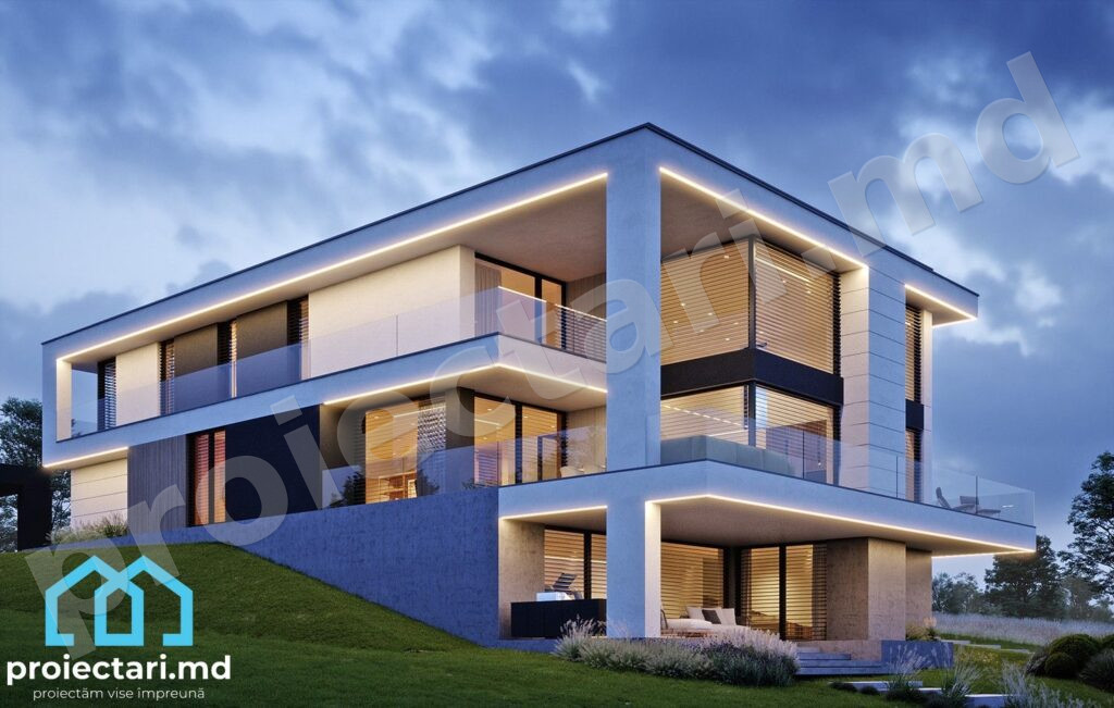Proiect de casă cu demisol, etaj și garaj exterior 587m²