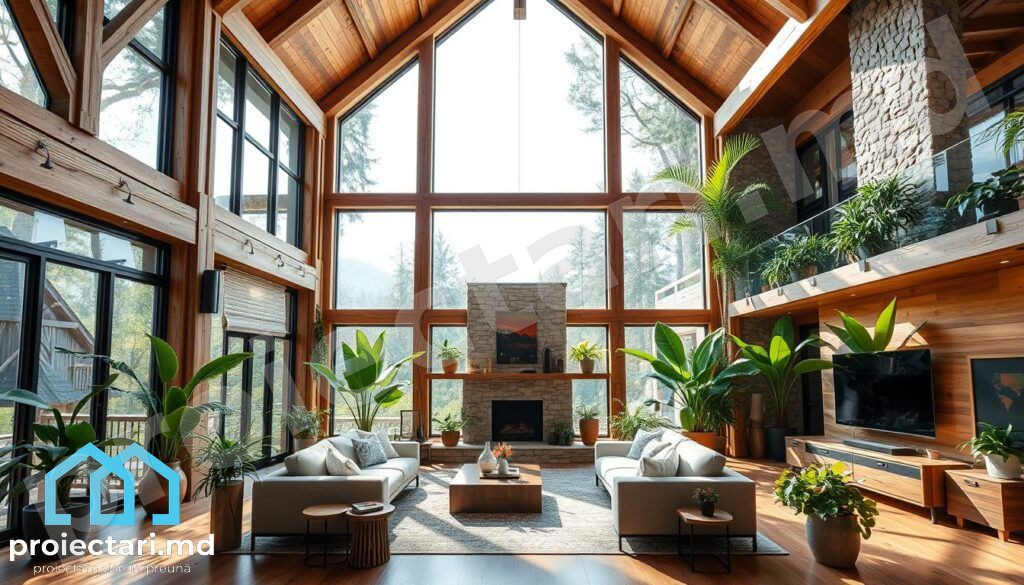 living materiale naturale Proiecte case cu living cu tavan înalt