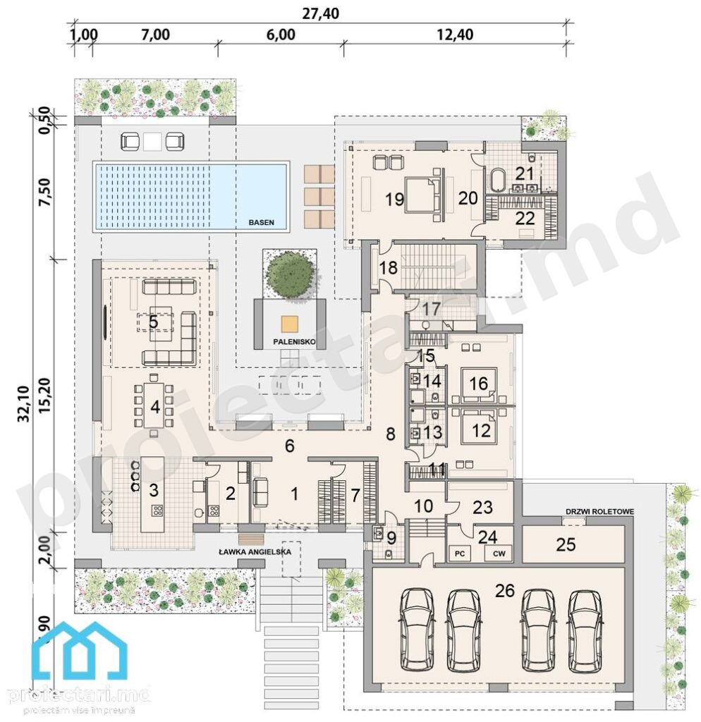Design modern casă în formă de C 490m2
