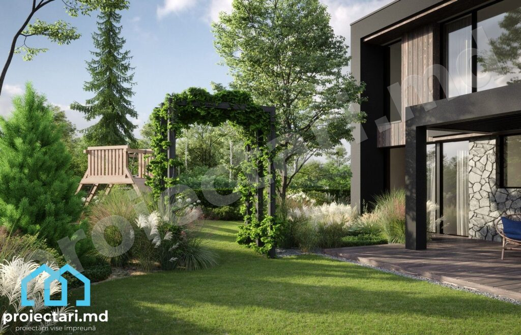 Proiect casă high-tech cu grădină 190m2
