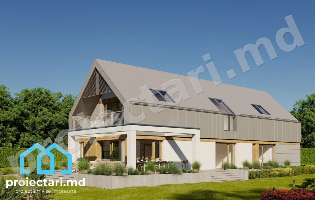 Proiect casă barnhouse cu mansardă cu ferestre mari