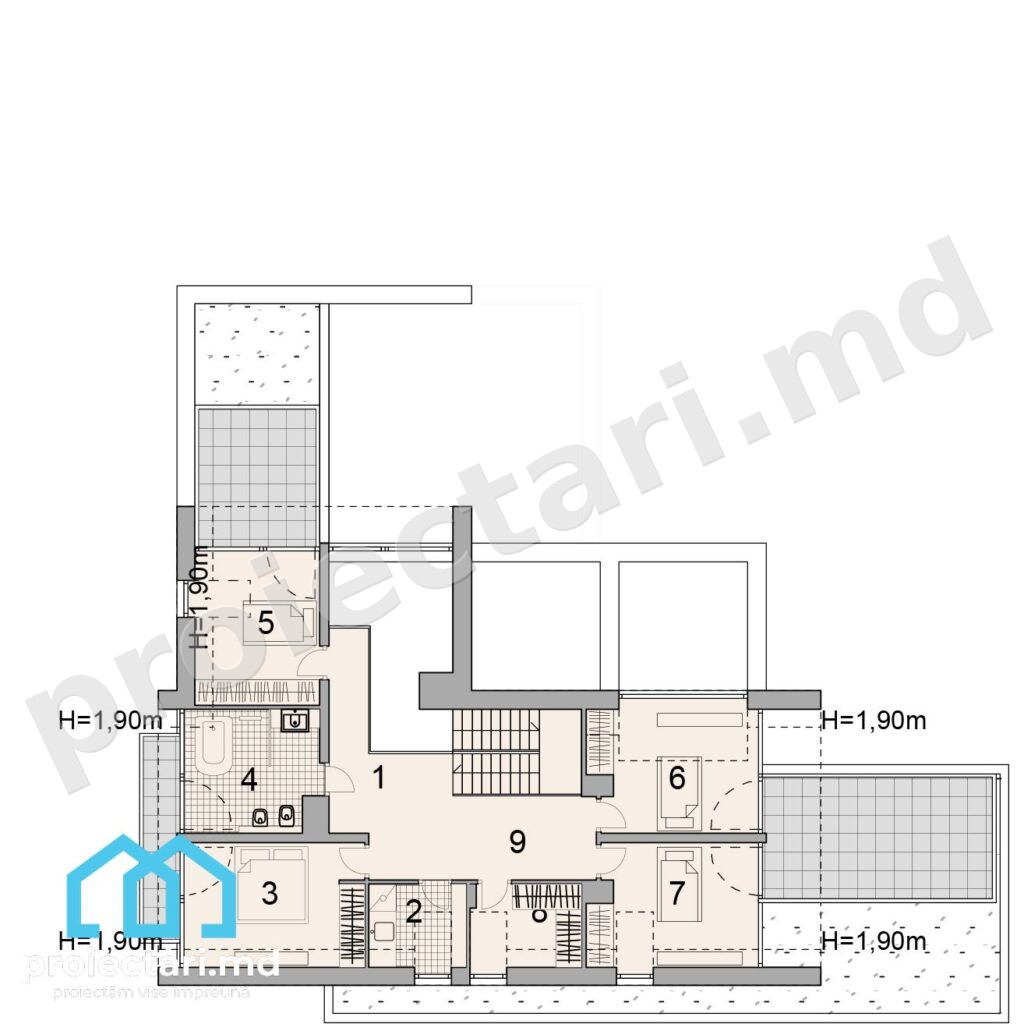 Plan casă cu mansardă și 4 dormitoare