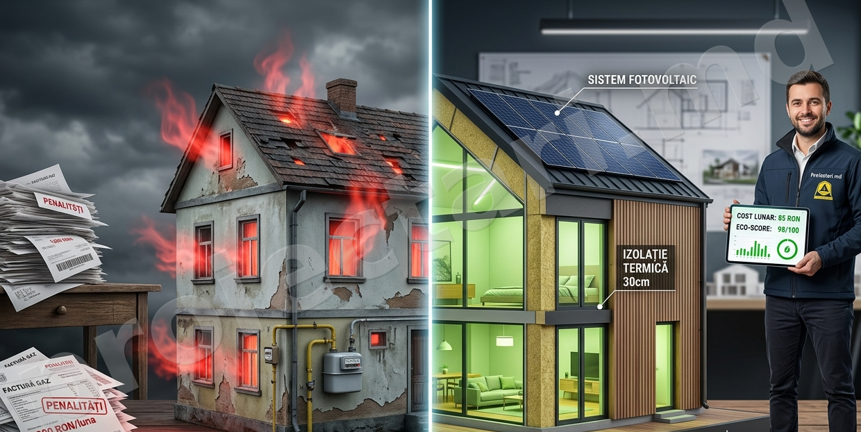 Comparație vizuală între o casă cu pierderi mari de energie și o casă modernă, eficientă energetic, proiectată de specialiștii Proiectari.md
