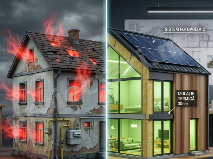 Comparație vizuală între o casă cu pierderi mari de energie și o casă modernă, eficientă energetic, proiectată de specialiștii Proiectari.md