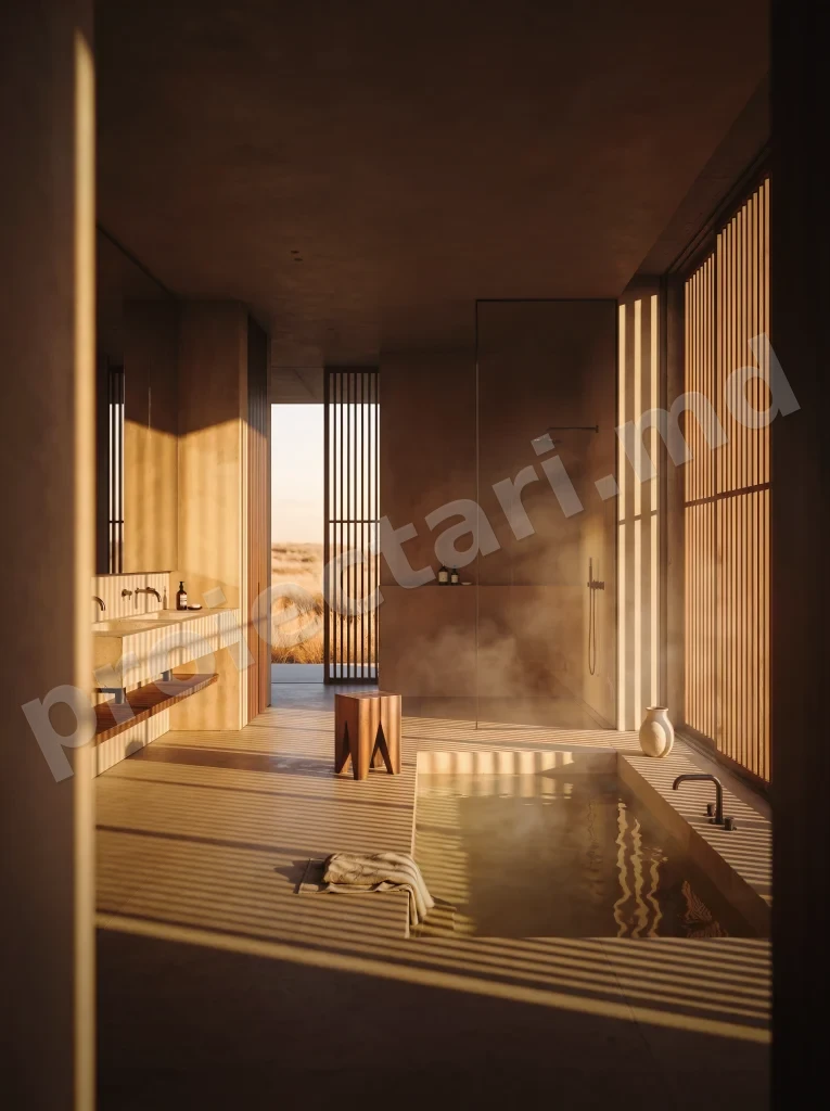 Lavoar din piatra naturala travertin si baterie de alama intr-o baie de pensiune cu design modern