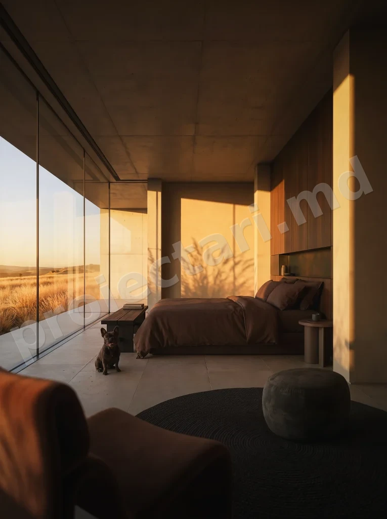 Dormitor de pensiune cu design minimalist, pat cu lenjerie maro si banca de lemn la fereastra panoramica