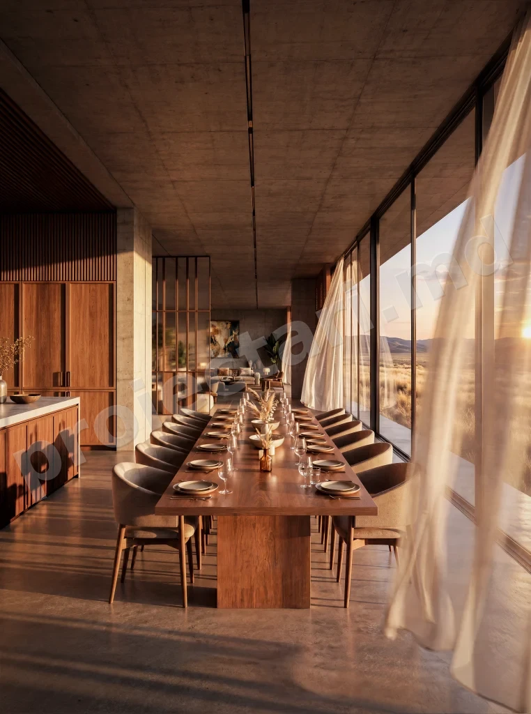 Scaune texturate si masa din lemn masiv in zona de dining luminoasa a pensiunii turistice