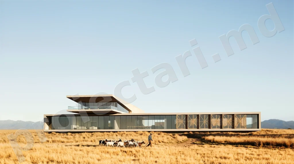 Arhitectura exterioara pensiune turistica moderna cu piscina infinity la apus in Republica Moldova