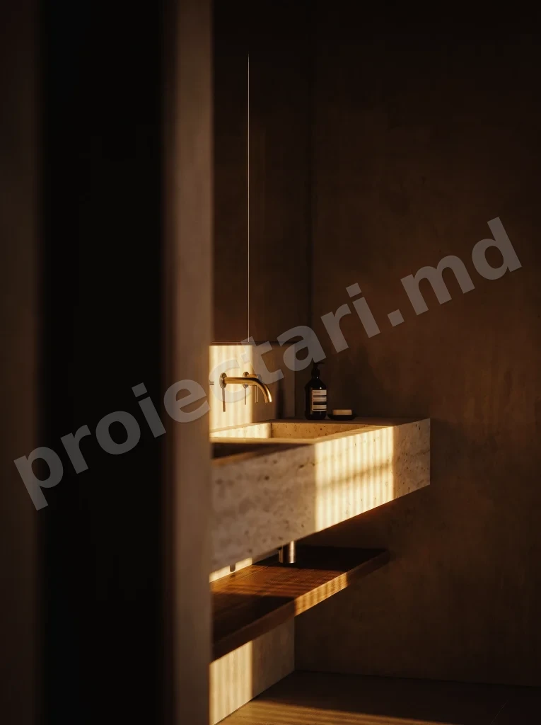 Lavoar din piatra naturala travertin si baterie de alama intr-o baie de pensiune cu design modern