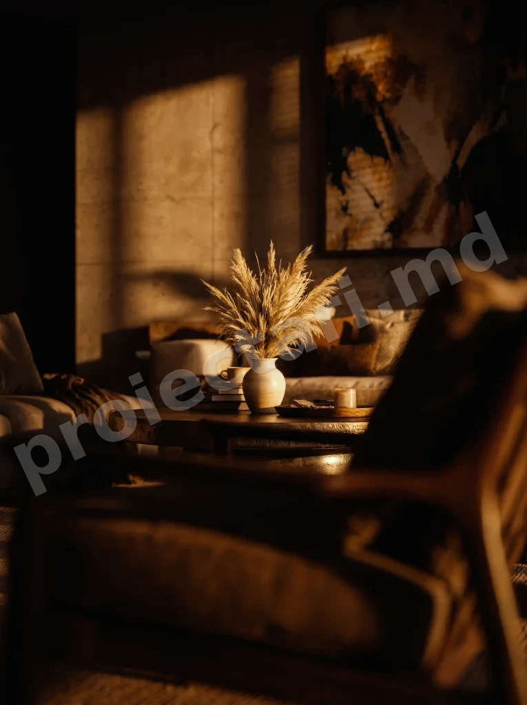 Zona de lounge a pensiunii cu fotolii de lemn, lumina naturala si decor minimalist cu iarba de pampas
