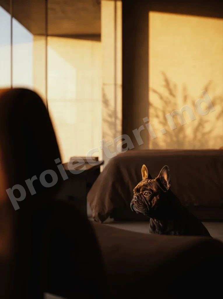 Bulldog francez in dormitorul unei pensiuni pet-friendly cu design minimalist in Moldova